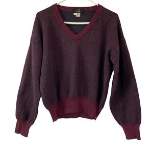 Dunhill Women's Burgundy Herringbone V Neck 100% Virgin Wool Crop Sweater Size L